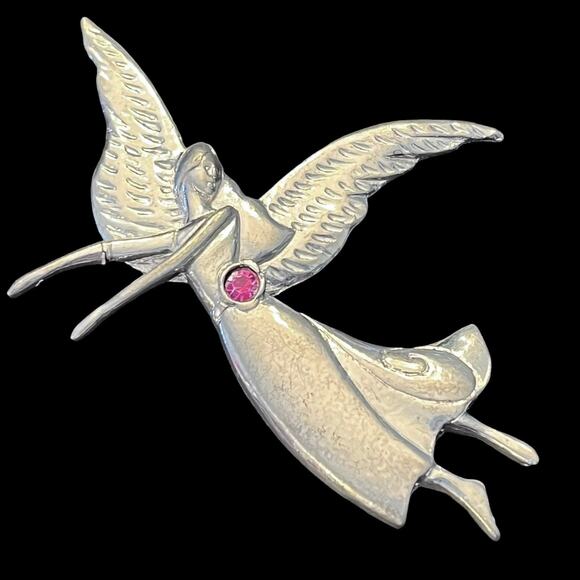 Birthstone Pewter Angel BROOCH PIN Ornament Pendant October Tourmaline Crystal - Picture 1 of 5